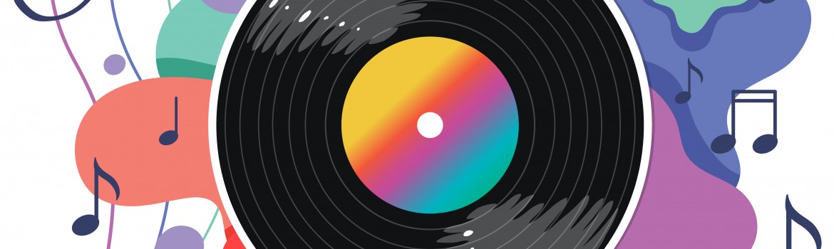 Music notes rainbow colourful with vinyl record on white backgro