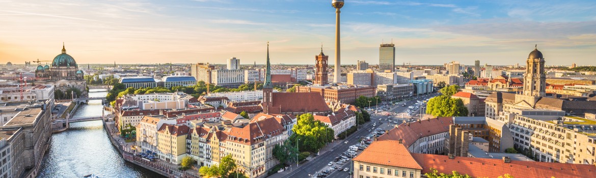Berlin skyline with Spree river at sunset, Germany